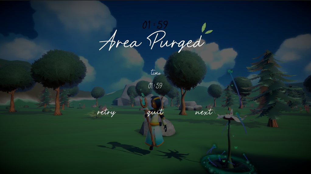 Pea: The Forest Sage gameplay: dead trees turning healthy as the clean circle spreads