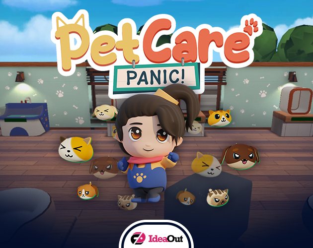 Pet Care Panic cover art: the shopkeeper surrounded by round cats and dogs in a pet care shop