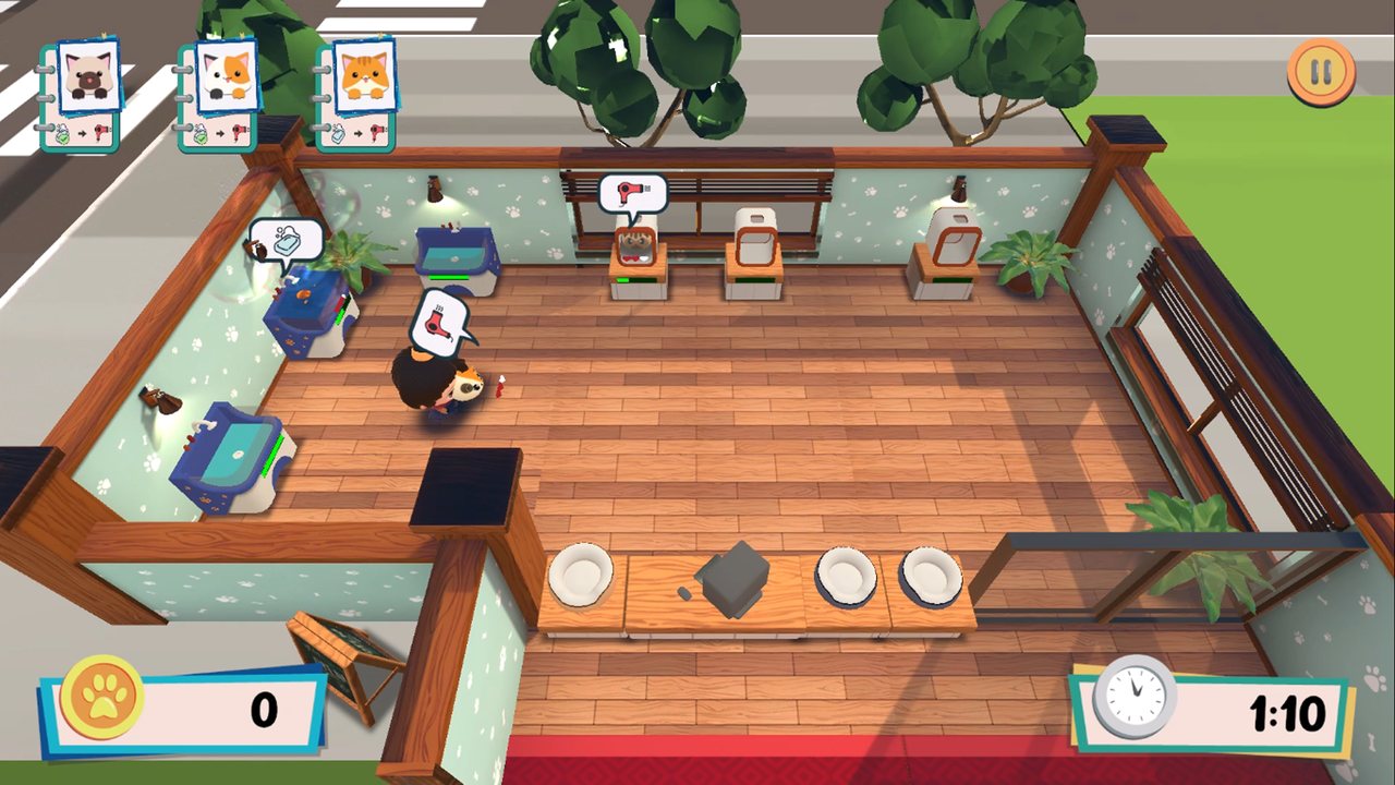 Pet Care Panic gameplay: order cards with pet portraits along the top of the screen