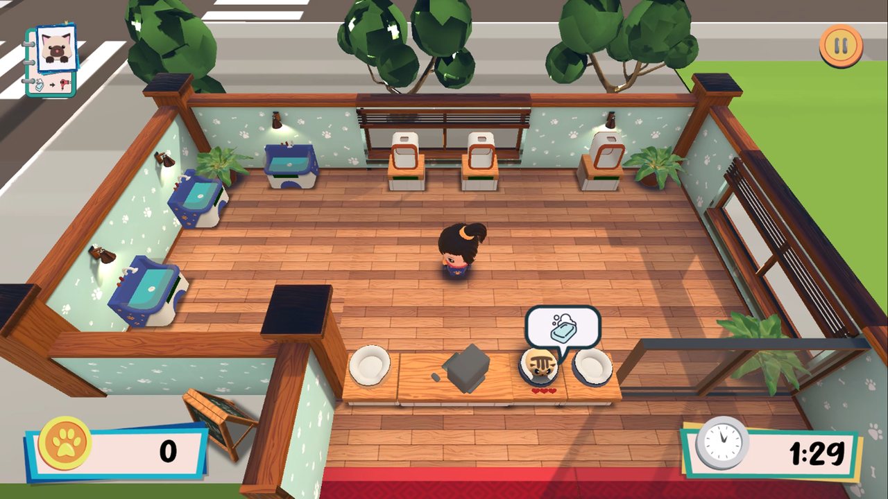 Pet Care Panic gameplay: pets waiting at stations while the day clock runs