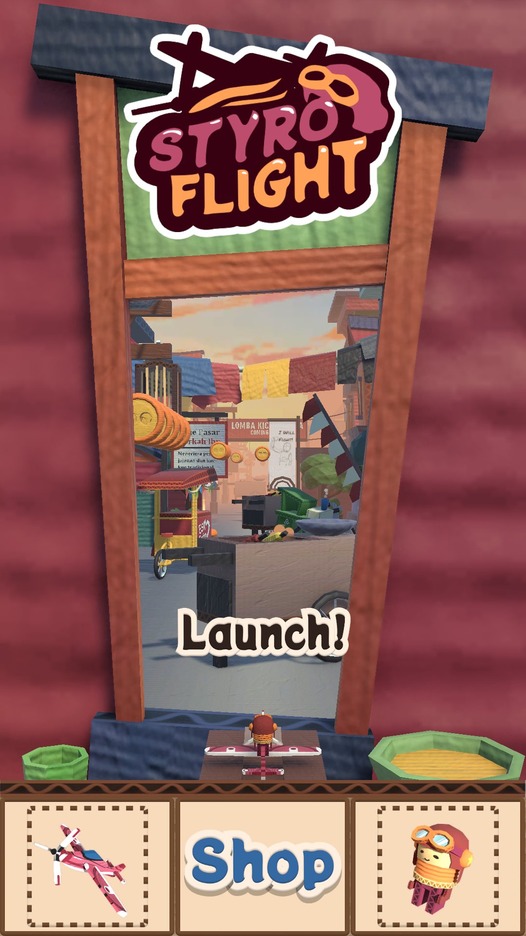 Styro Flight main menu: the plane waits on a slingshot rail between cardboard market stalls