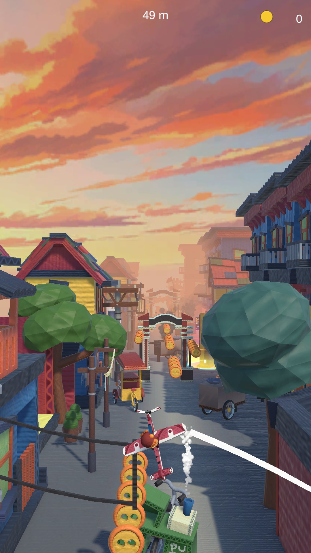 Styro Flight in flight down a cardboard alley at sunset, button coins floating over the street